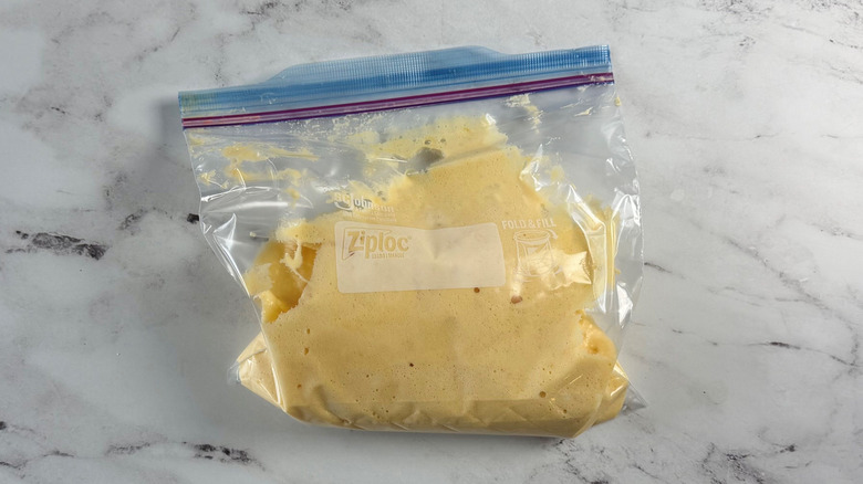 Japanese pancake batter in plastic zip-top bag