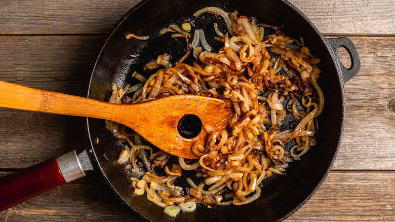 A skillet of caramelized onions