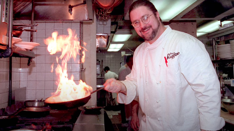 David Ruggerio with flaming frying pan 