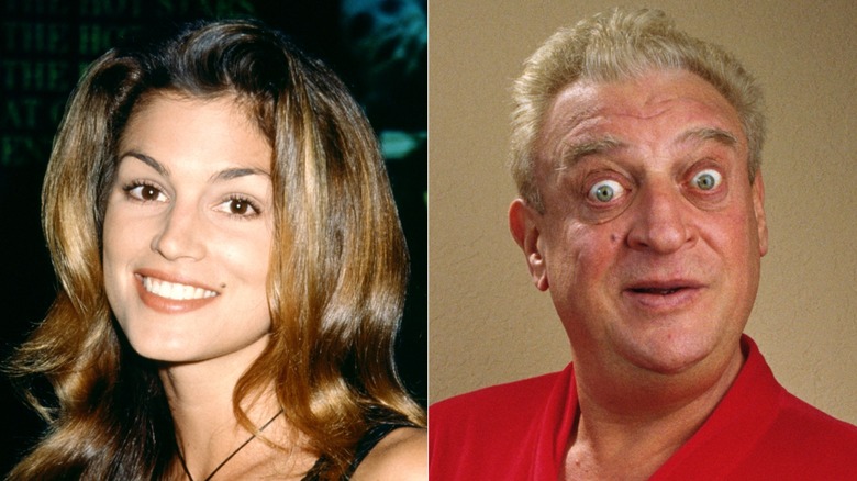 Split-screen image of young Cindy Crawford and Rodney Dangerfield with a wide-eyed expression