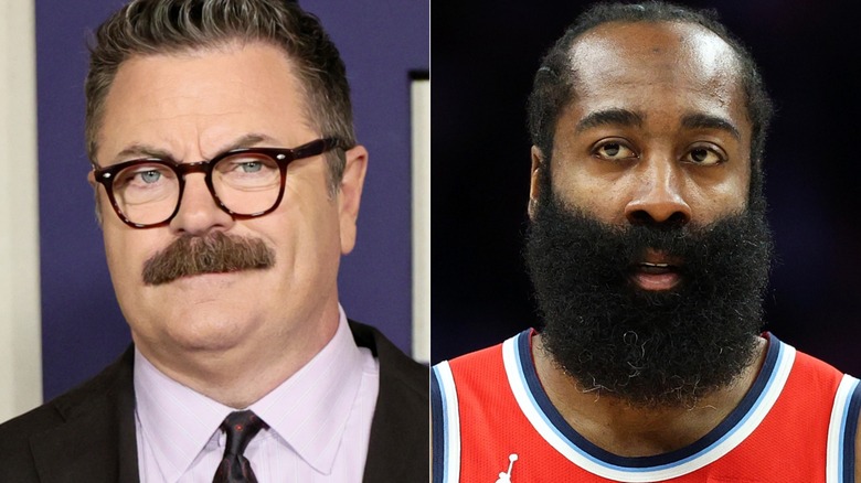 Nick Offerman smiling at publicity event and James Harden on the basketball court