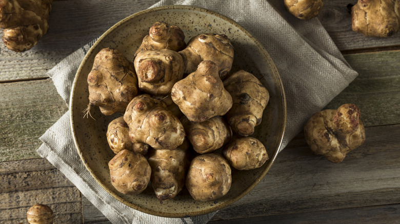 Jerusalem artichoke on a rustic plate