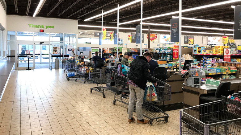 Checkout lanes near the exit of an Aldi grocery store