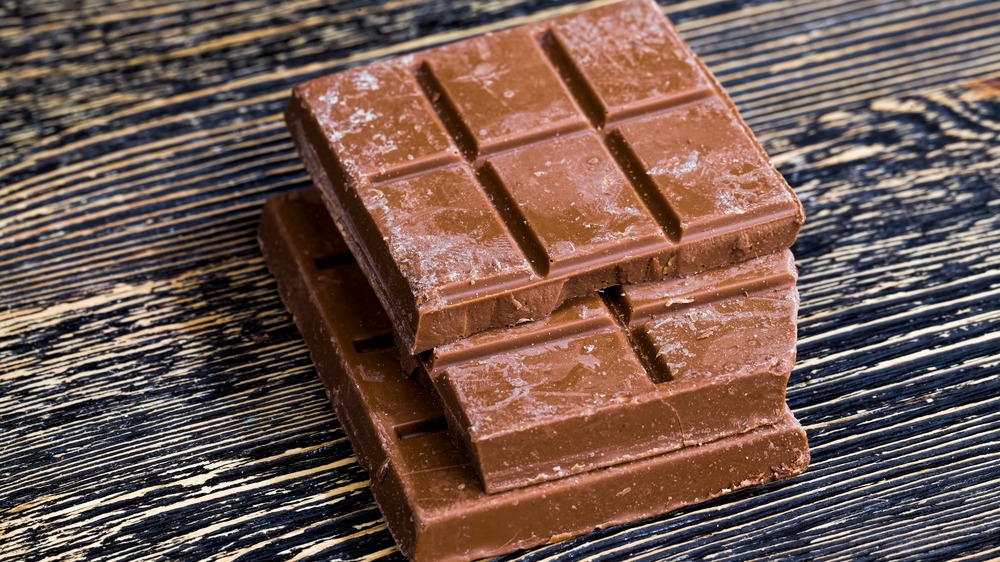 Squares of chocolate with gray bloom