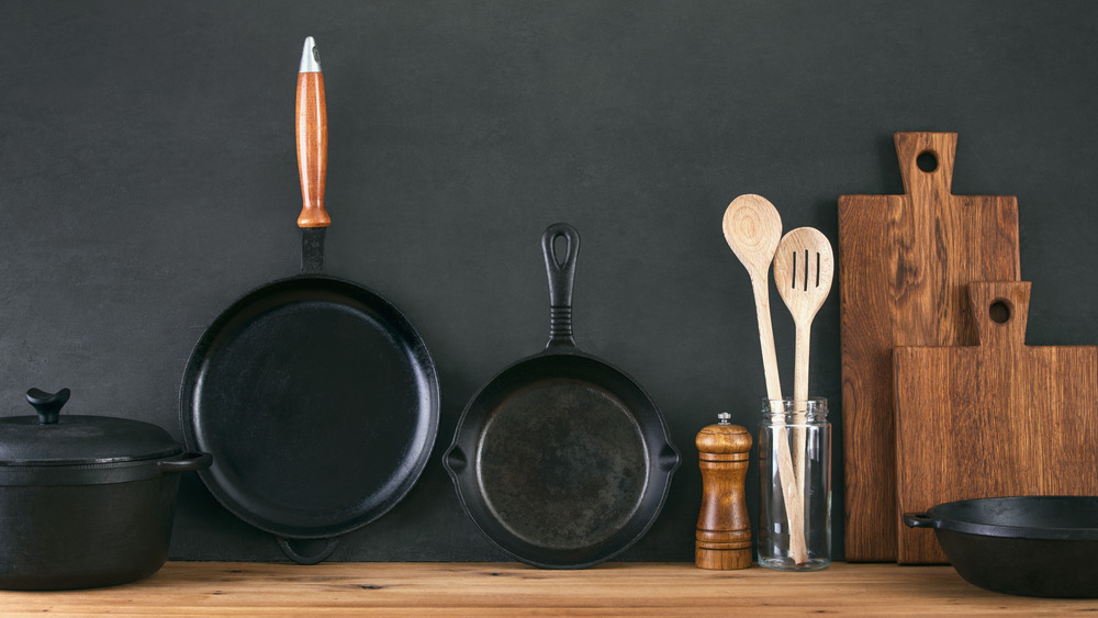 Cast iron skillets on countertop