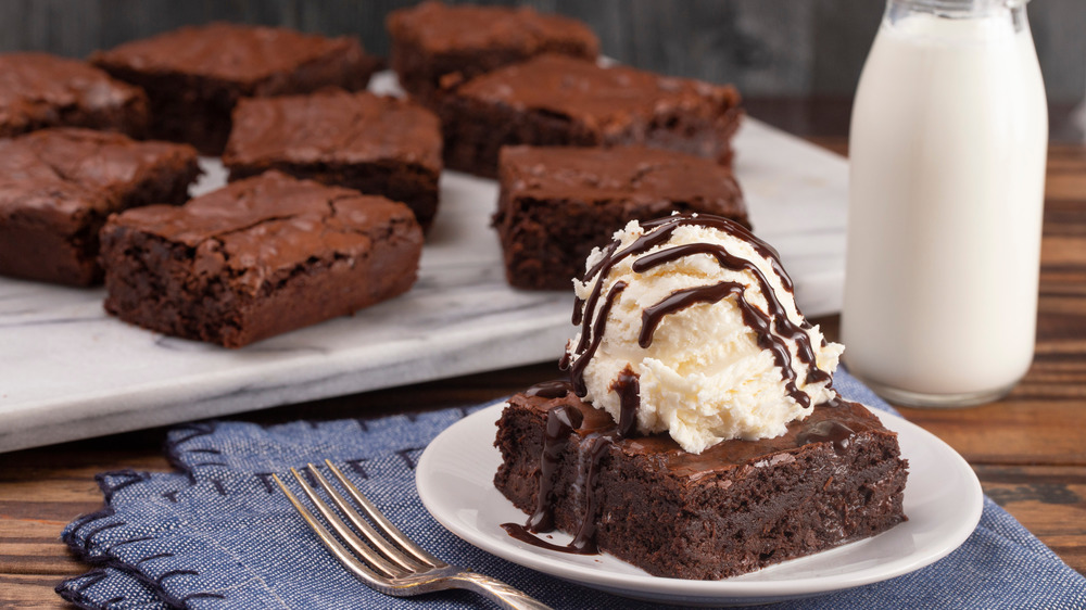 brownie with ice cream and chocolate syrup