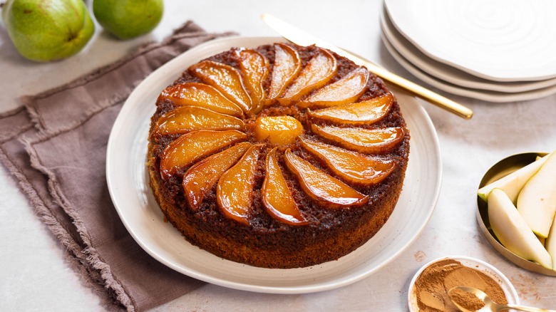 upside down pear cake on plate