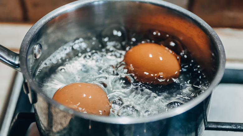 Eggs in a pan of boiling water.