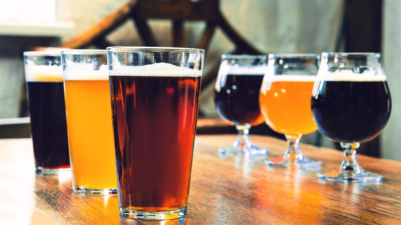 Six different kinds of beer served in various glasses.