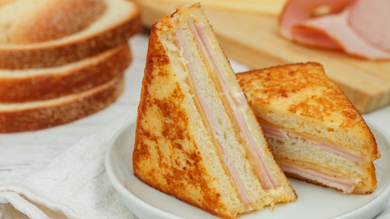 Monte Cristo sandwich cut diagonally