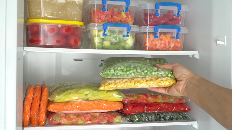 Meal prep ingredients being placed in freezer