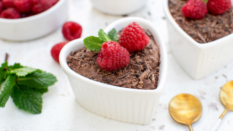 vegan chocolate mousse in heart ramekin