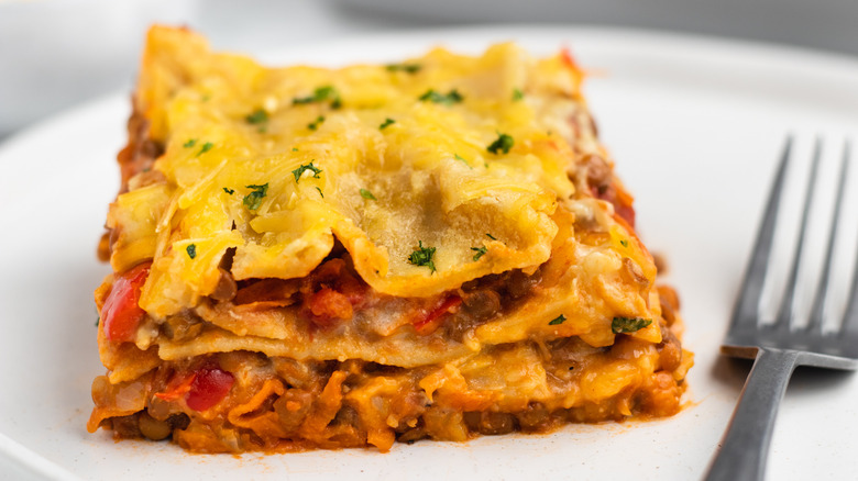 slice of lasagna on plate