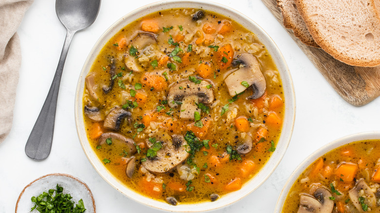 Mushroom and sweet potato soup in a bowl
