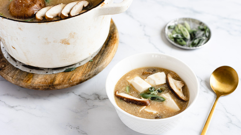 bowl of soup with scallions, spoon and pot