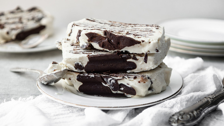 slices of vanilla and chocolate viennetta cake on a white plate
