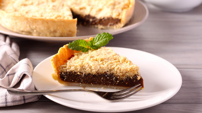 slice of shoofly pie on counter