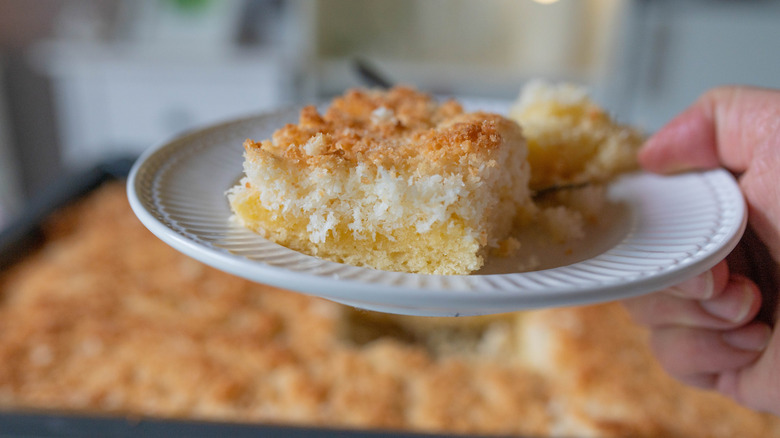 hand holding a plate of lazy daisy cake