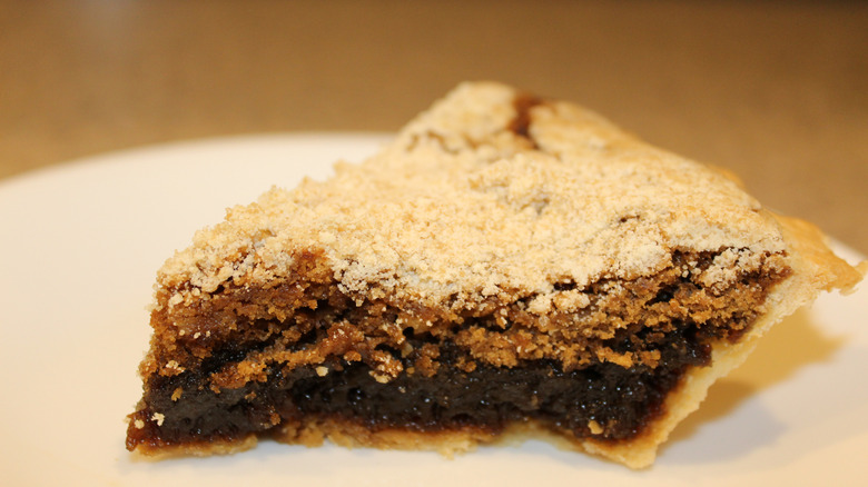slice of shoofly pie on a white plate