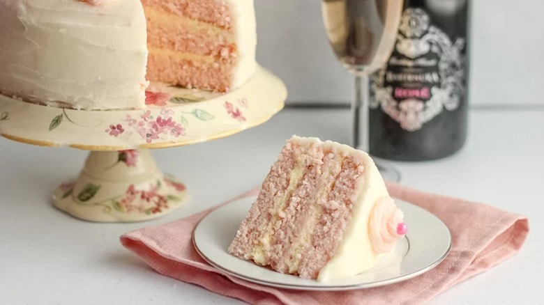 pink Champagne cake cut in a slice