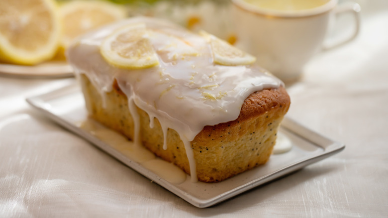 lemon drizzle loaf cake on plate
