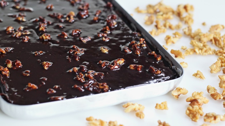 pan of Texas sheet cake with nuts sprinkled all over