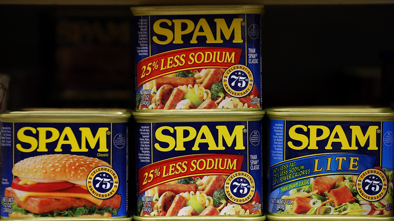 stacked cans of Spam