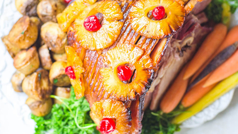 Pineapple rings on top of ham
