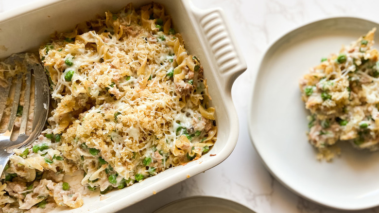 tuna casserole in dish and on plate