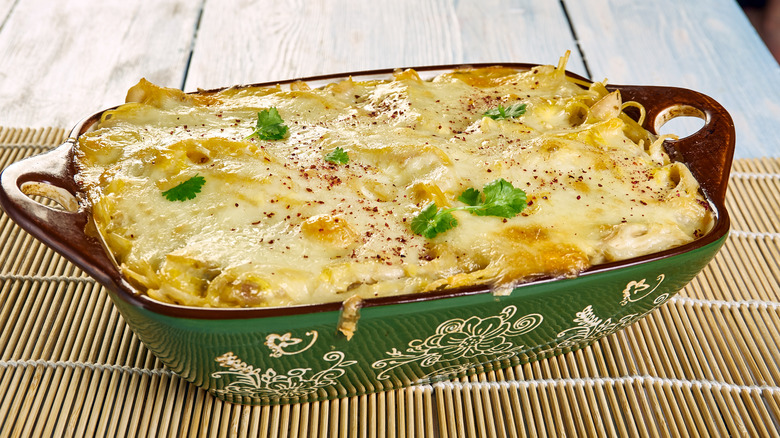 Chicken spaghetti in a casserole dish