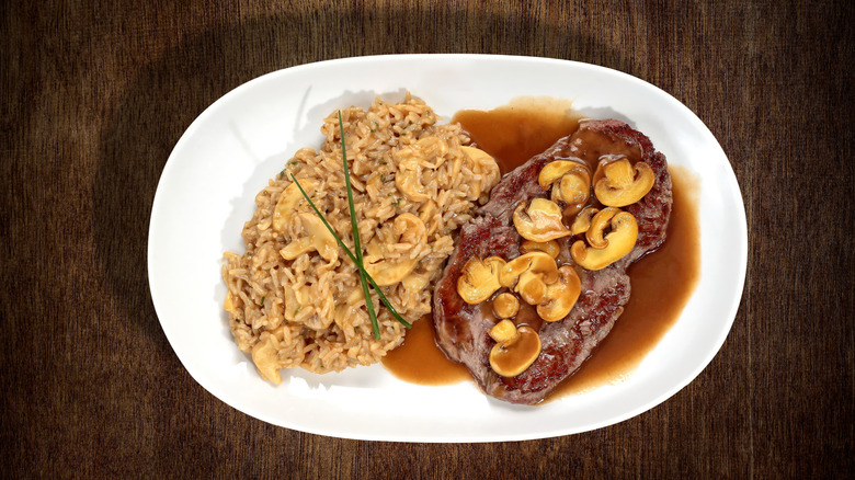 Steak Diane and mushroom risotto