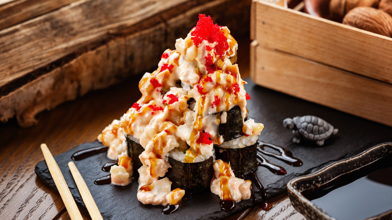 A plate of volcano rolls on a table