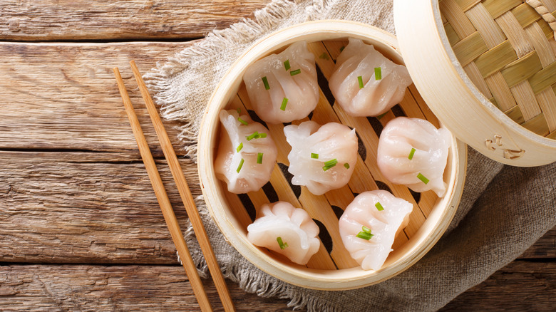 steamer basket of shrimp dumplings