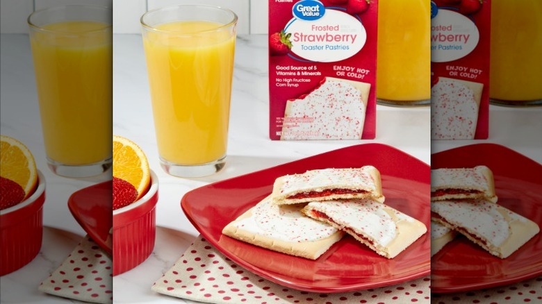 Great Value frosted strawberry toaster pastries on a red plate