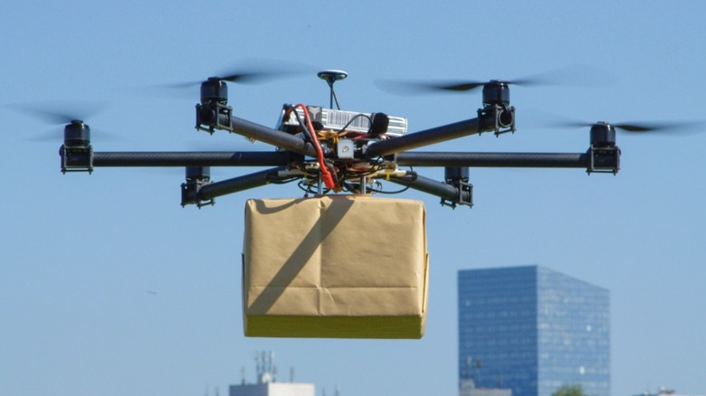 A drone delivering a package