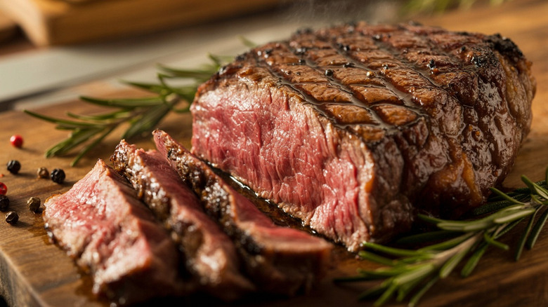 A tender cooked steak sliced on a wooden board