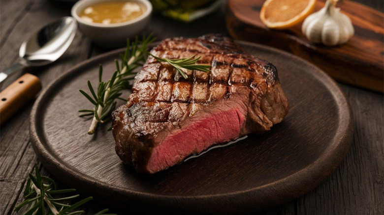 Rare, garnished steak on wooden plate atop wooden table with ingredients and utensils in background