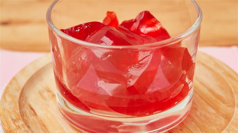 strawberry Jell-O in a glass