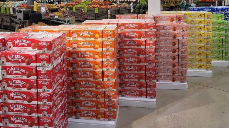 cases of Waterloo sparkling water at grocery store