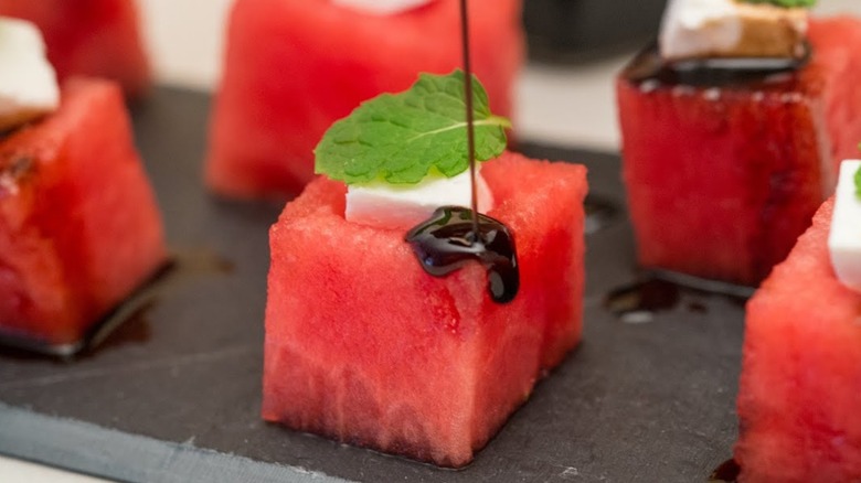Watermelon cup with mozzarella, mint, and balsamic