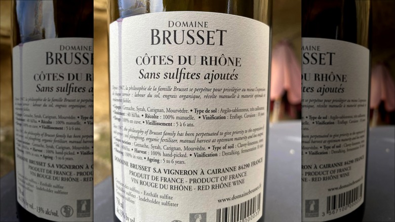 The back label of a French wine showing terroir information.