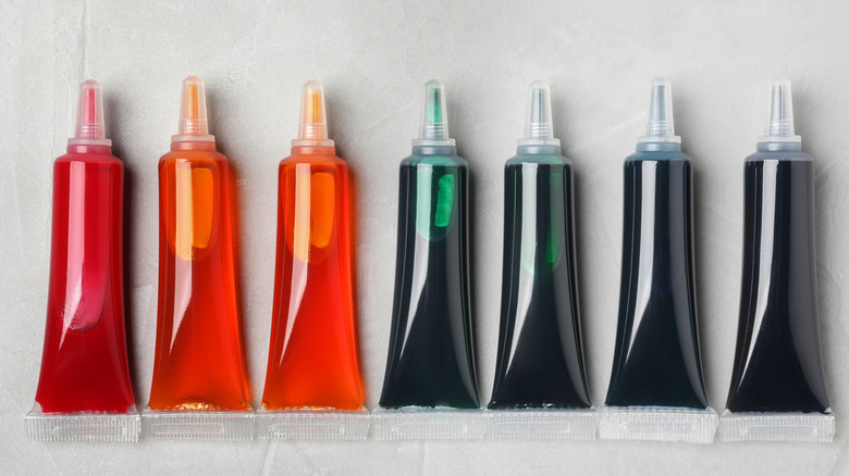 A variety of food coloring tubes