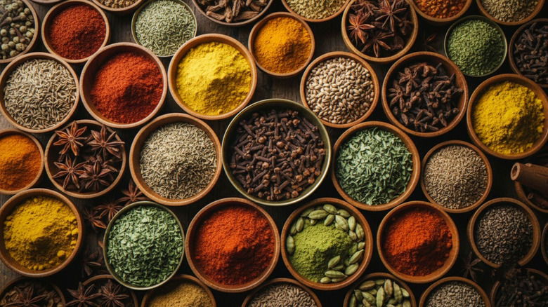 An assortment of spices in bowls