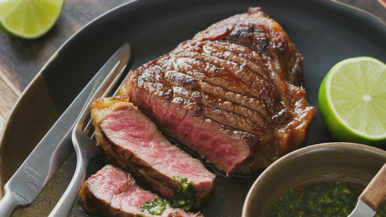 cooked ribeye steak on a black ceramic plate with sliced limes and chimichurri sauce