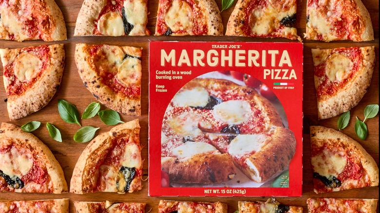 Slices of margherita pizza surrounding the frozen pizza's box