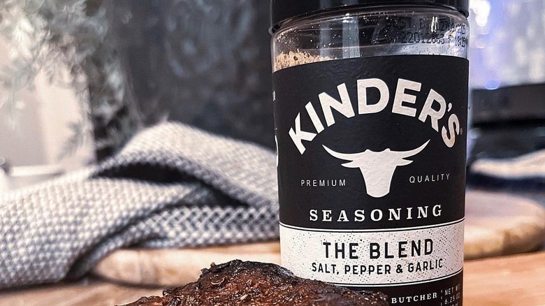close up of kinder's seasoning with steak