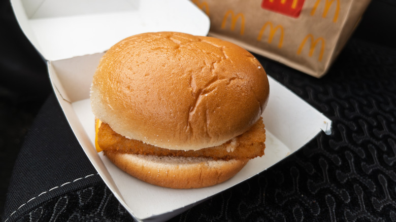 McDonald's Filet-O-Fish sandwich in an open cardboard container