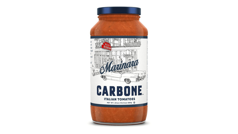 Jar of Carbone marinara sauce on a white background
