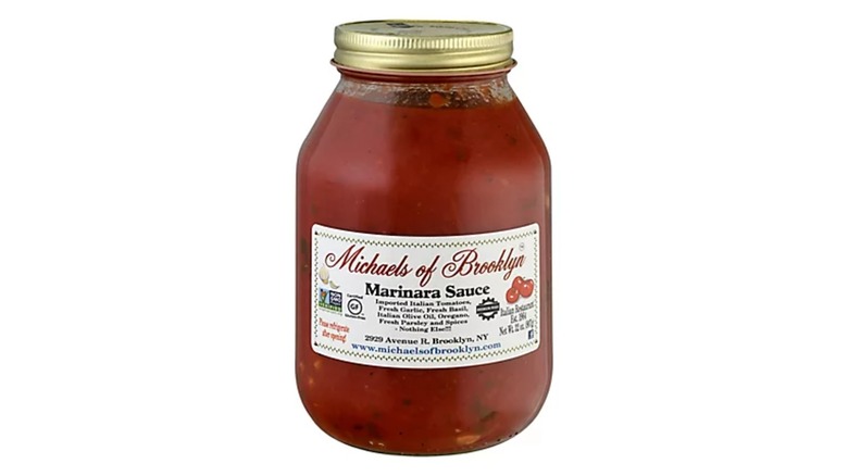 Jar of Michaels of Brooklyn marinara sauce on a white background
