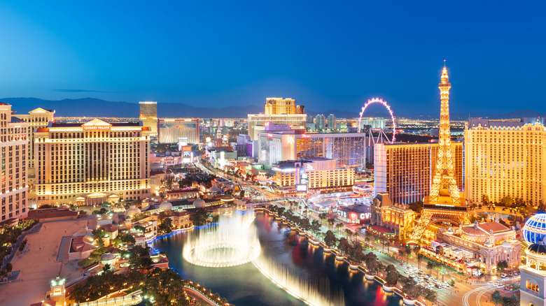 Aerial view of The Strip, Las Vegas, lit up at night